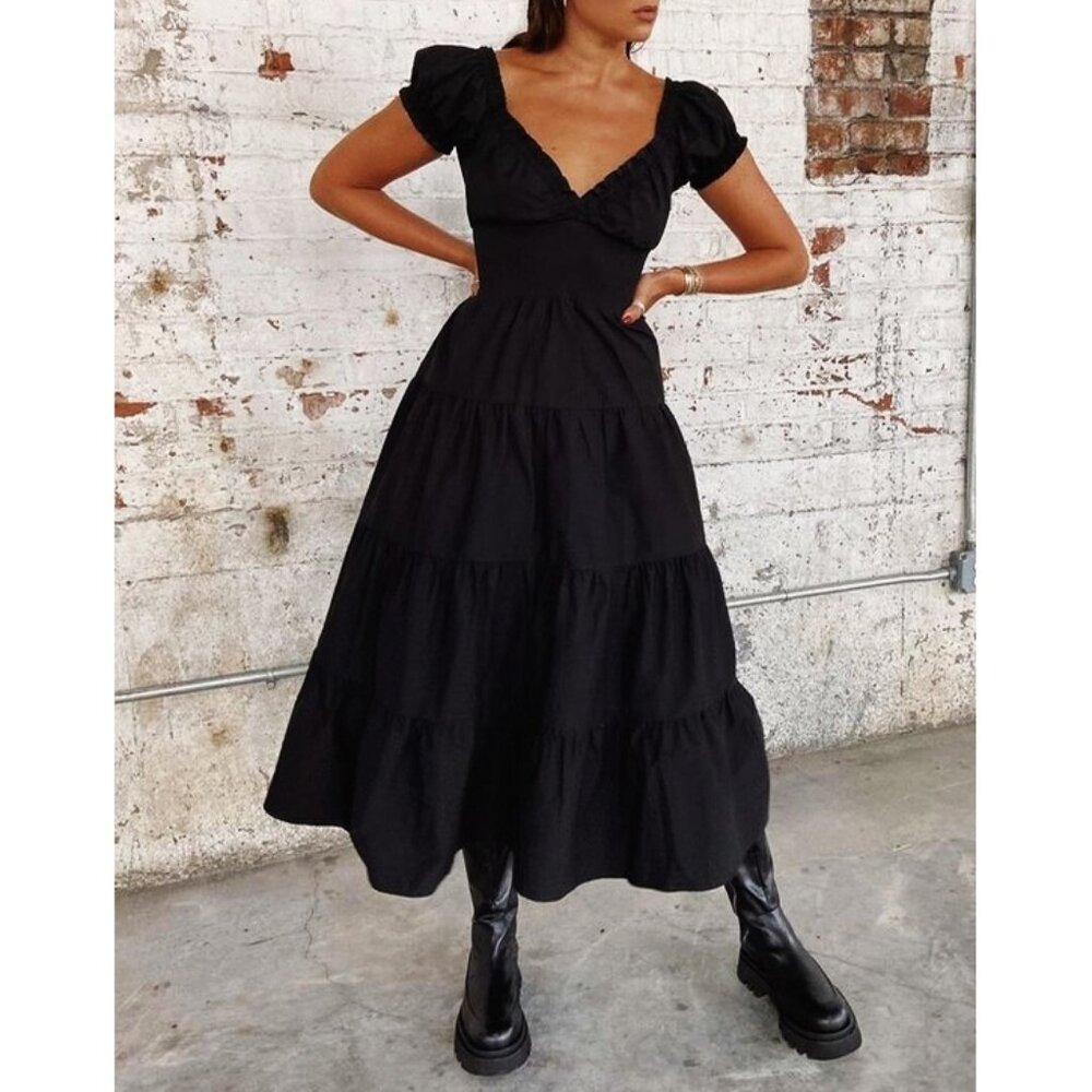 NEW We Wore What Poplin Midi Dress Smocked V-Neck Milkmaid Fit & Flare Maxi Long